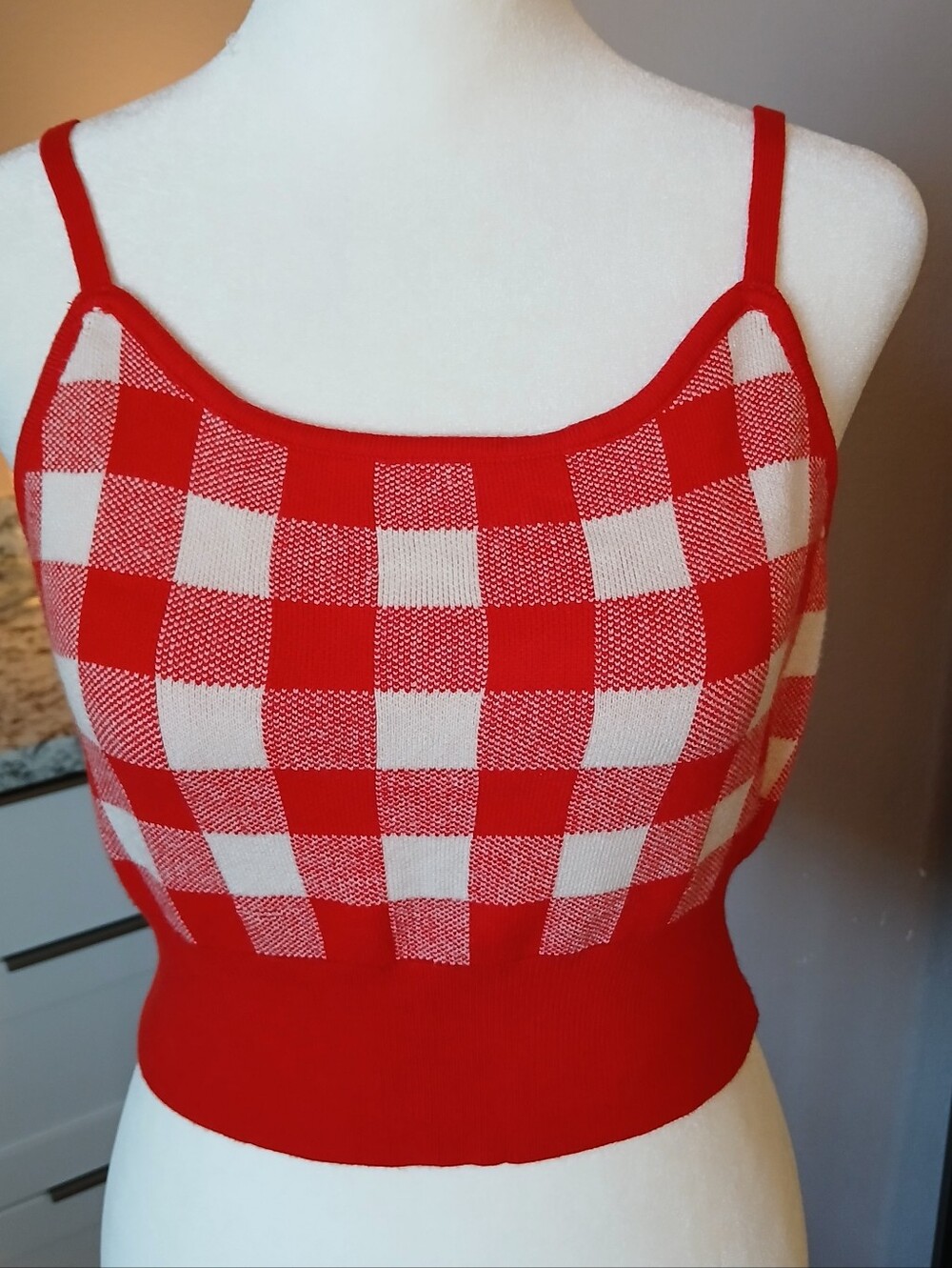 Cider Gingham Crop Tank Top Red White Sweater Knit Sz L